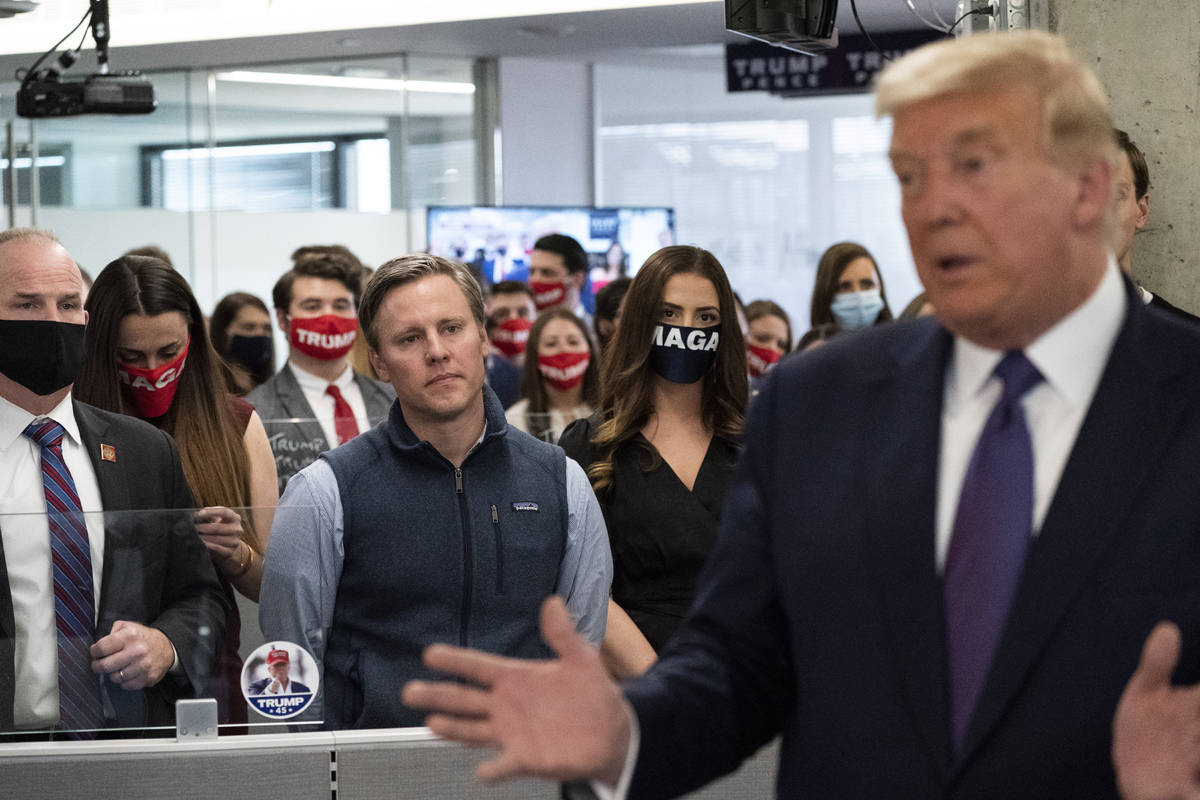 President Donald Trump speaks at the Trump campaign headquarters on Election Day, Tuesday, Nov. ...