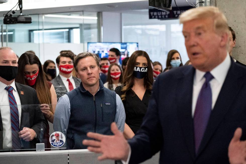 President Donald Trump speaks at the Trump campaign headquarters on Election Day, Tuesday, Nov. ...