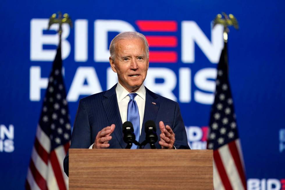 Democratic presidential candidate former Vice President Joe Biden speaks Friday, Nov. 6, 2020, ...