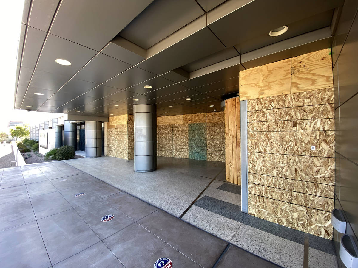 The Foley Federal Building in downtown Las Vegas is boarded up on Election Day Tuesday, Nov. 3, ...