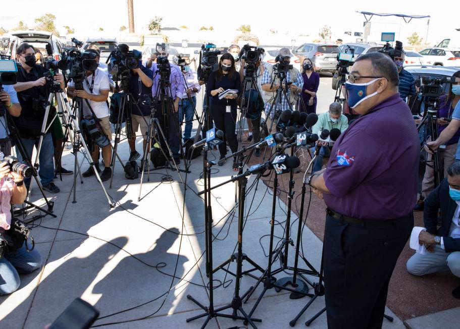 Clark County Registrar, Joe Gloria, provides a brief update to the media outside of the Electio ...