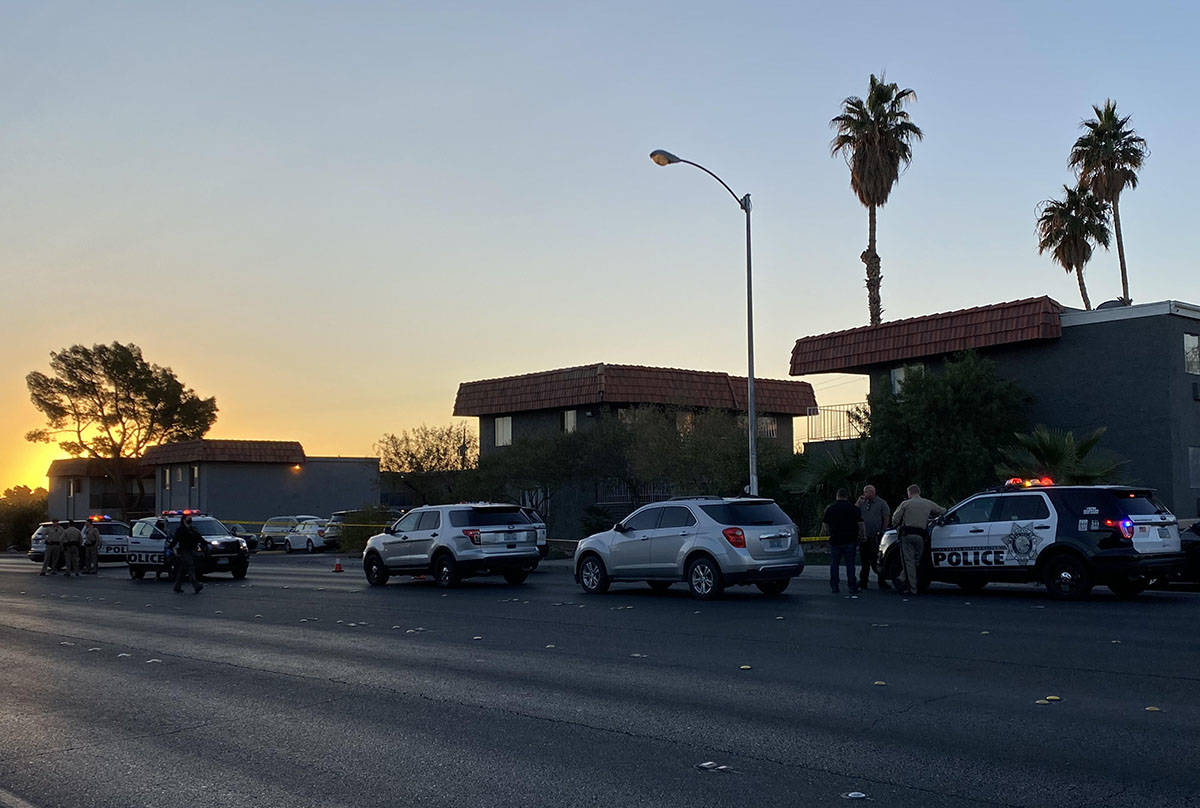 Las Vegas police at a shooting scene at Harmon Avenue and Caliente Street on Wednesday, Nov. 4, ...