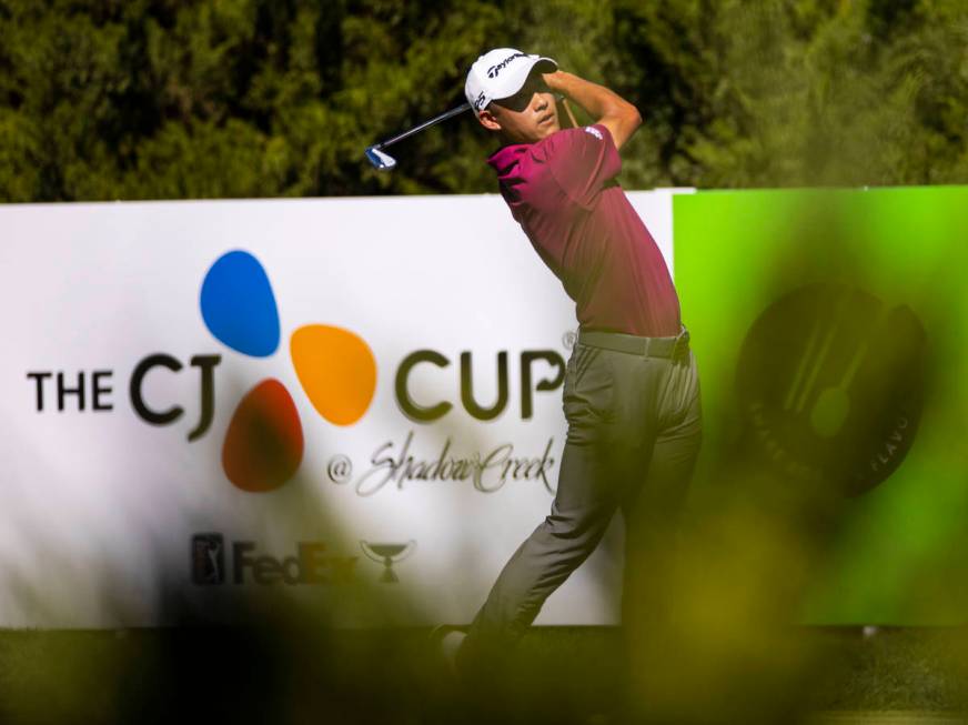 Collin Morikawa tees off at the fifth hole during the third round of the CJ Cup at the Shadow C ...