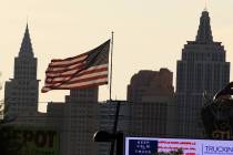 New York-New York is seen as a large American flag blows in the wind on Tuesday, May 12, 2020, ...