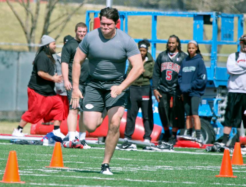 UNLV offensive lineman John Gianninoto runs the 40 yd dash in front of NFL scouts during pro da ...