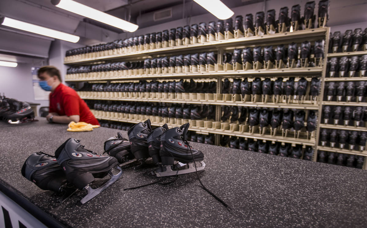 Skates are ready to be rented during opening day at the Henderson Silver Knights practice facil ...