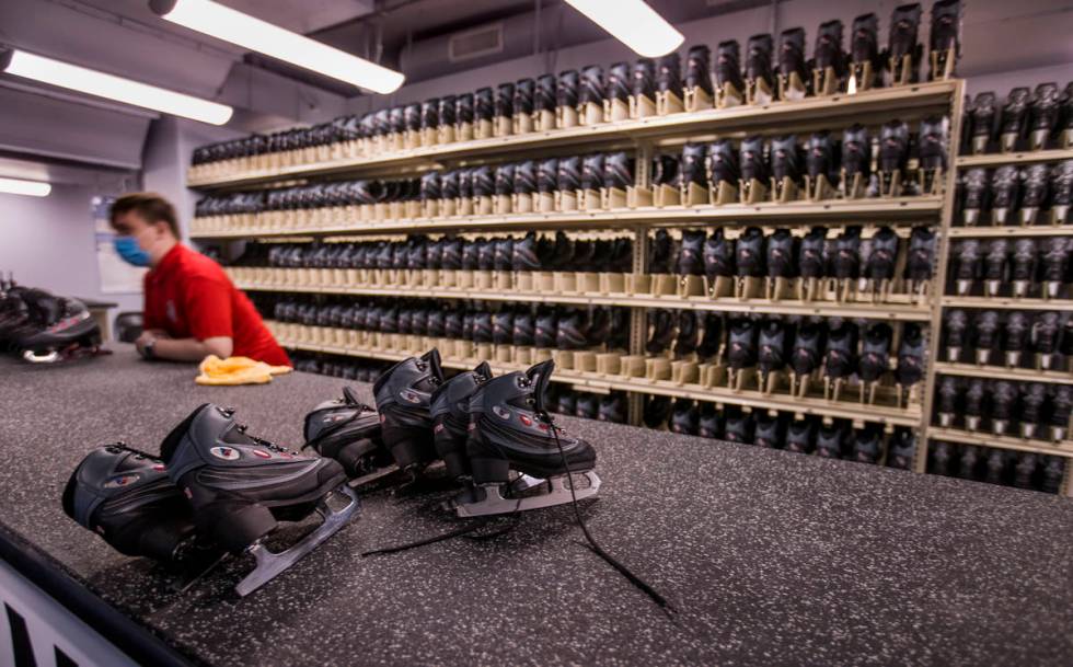 Skates are ready to be rented during opening day at the Henderson Silver Knights practice facil ...