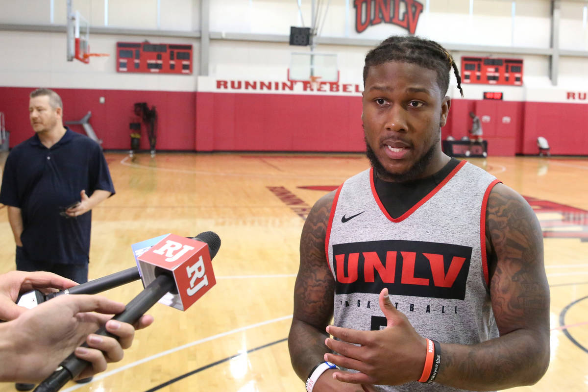 UNLV Rebels guard David Jenkins Jr. talks to the media after team's first basketball practice o ...