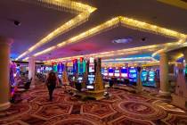 Socially distanced slot machine area at Caesars awaiting first customers. (L.E. Baskow/Las Vega ...