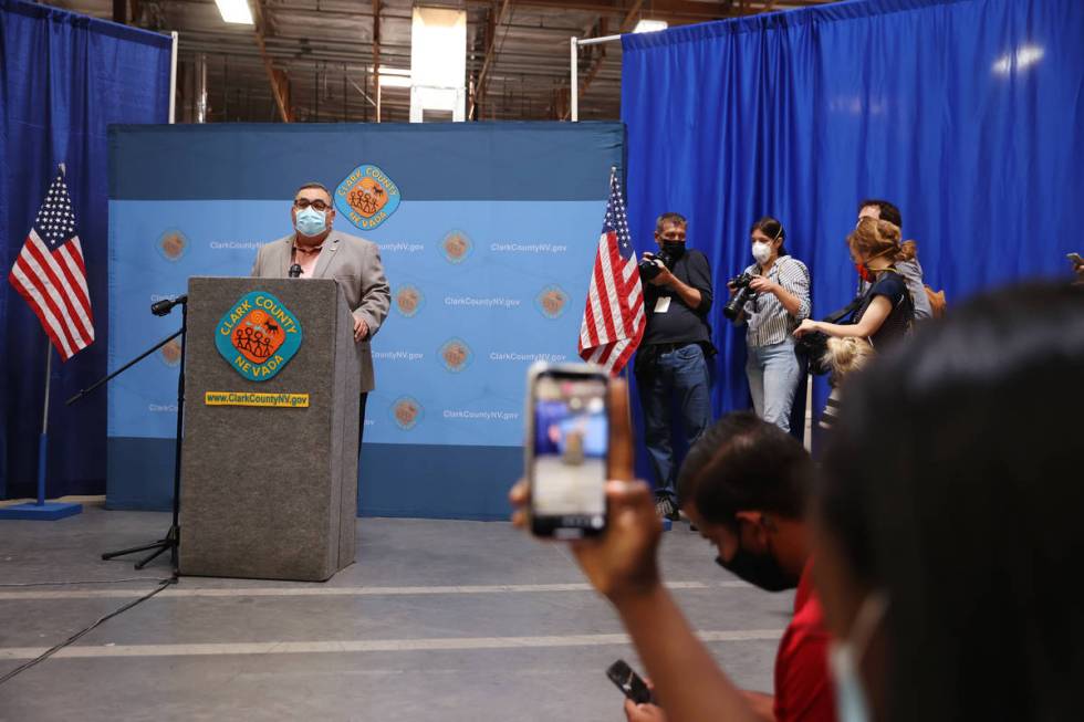 Clark County Registrar of Voters Joe Gloria speaks during a press conference at the Clark Count ...