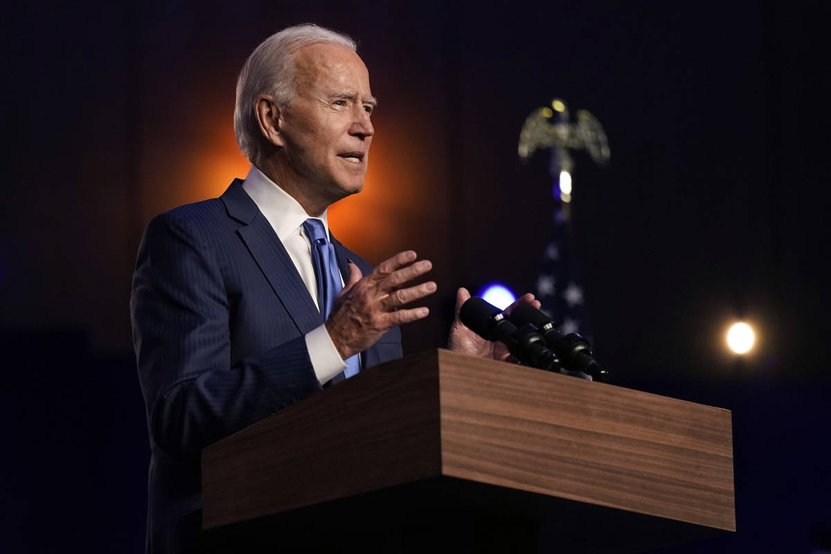 Democratic presidential candidate former Vice President Joe Biden speaks Friday, Nov. 6, 2020, ...