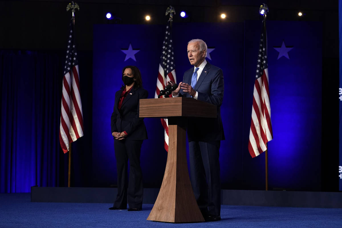 Democratic presidential candidate former Vice President Joe Biden speaks, Friday, Nov. 6, 2020, ...