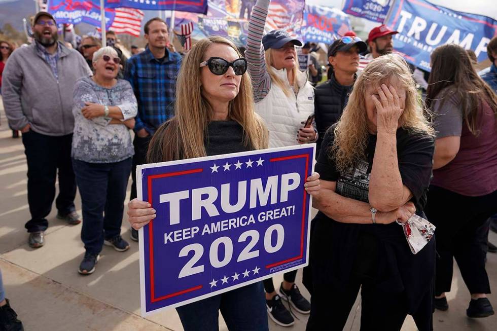 Supporters of President Donald Trump rally outside the Utah State Capitol on Saturday, Nov. 7, ...