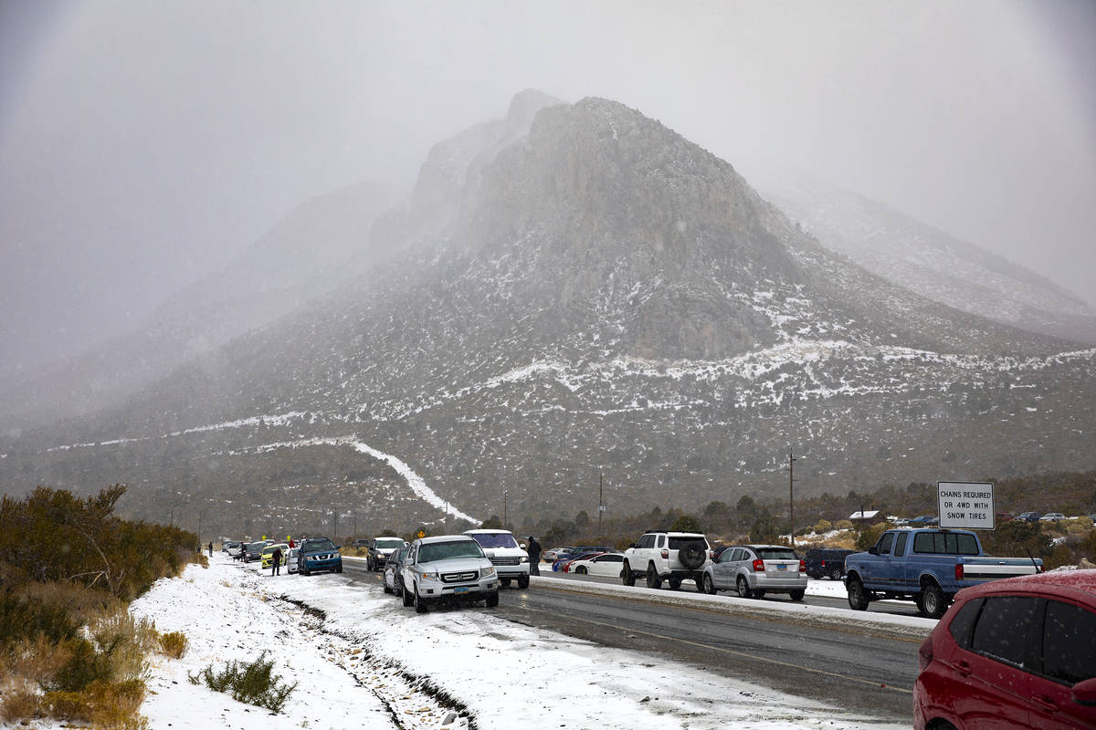 Cars line the sides of the road on the way to Mt. Charleston on Sunday, Nov. 8, 2020. Saturday& ...