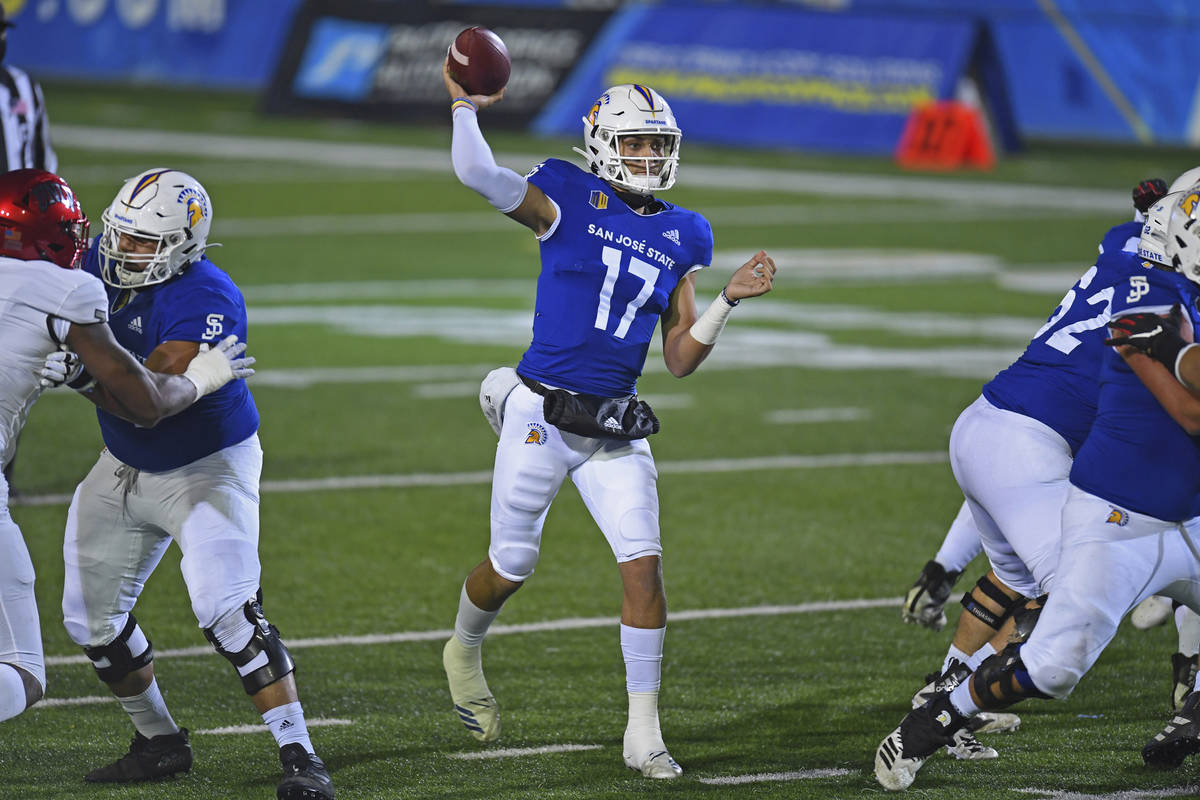 San Jose State quarterback Nick Starkel (17) throws a pass against UNLV during the first quarte ...