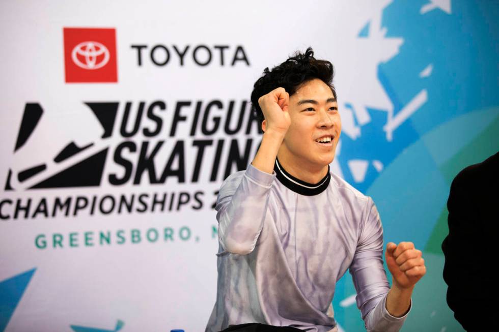 FILE - Nathan Chen reacts to his score in the men's short program at the U.S. Figure Skating Ch ...