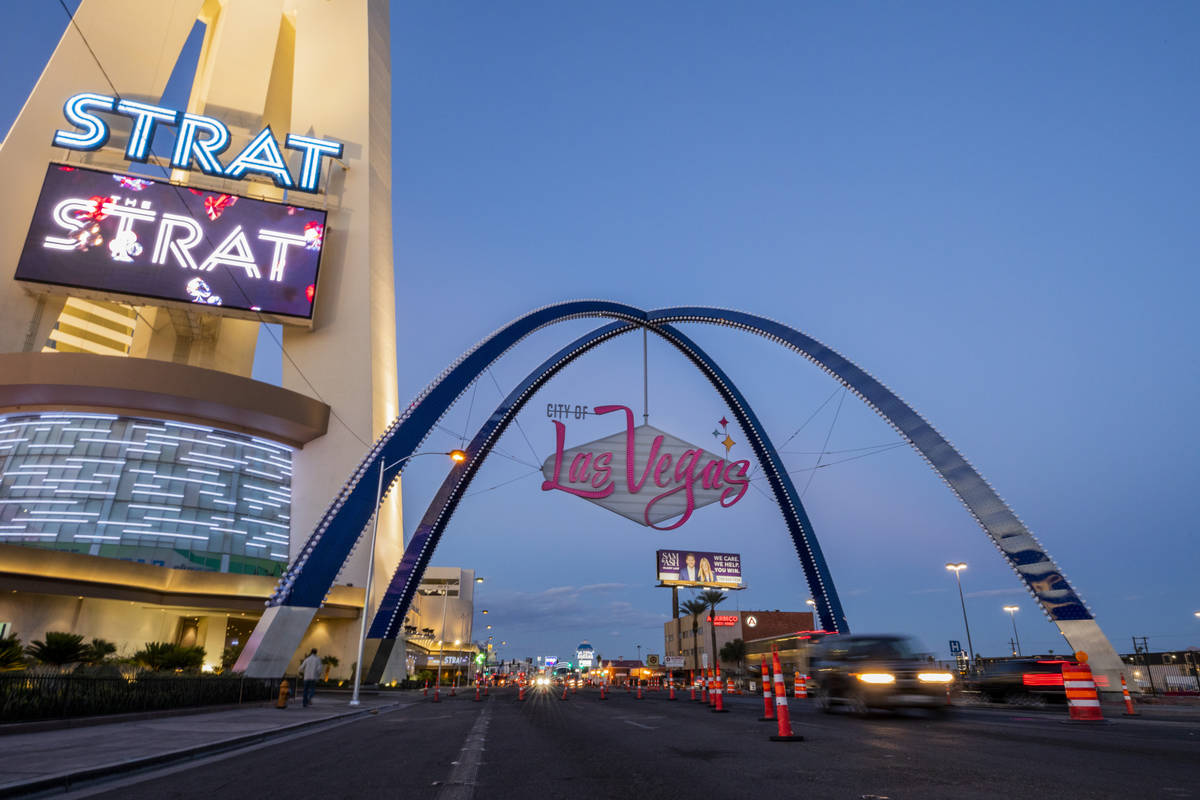 The nearly finished $6.5 million-dollar gateway arches tower 80 feet above Las Vegas Boulevard ...