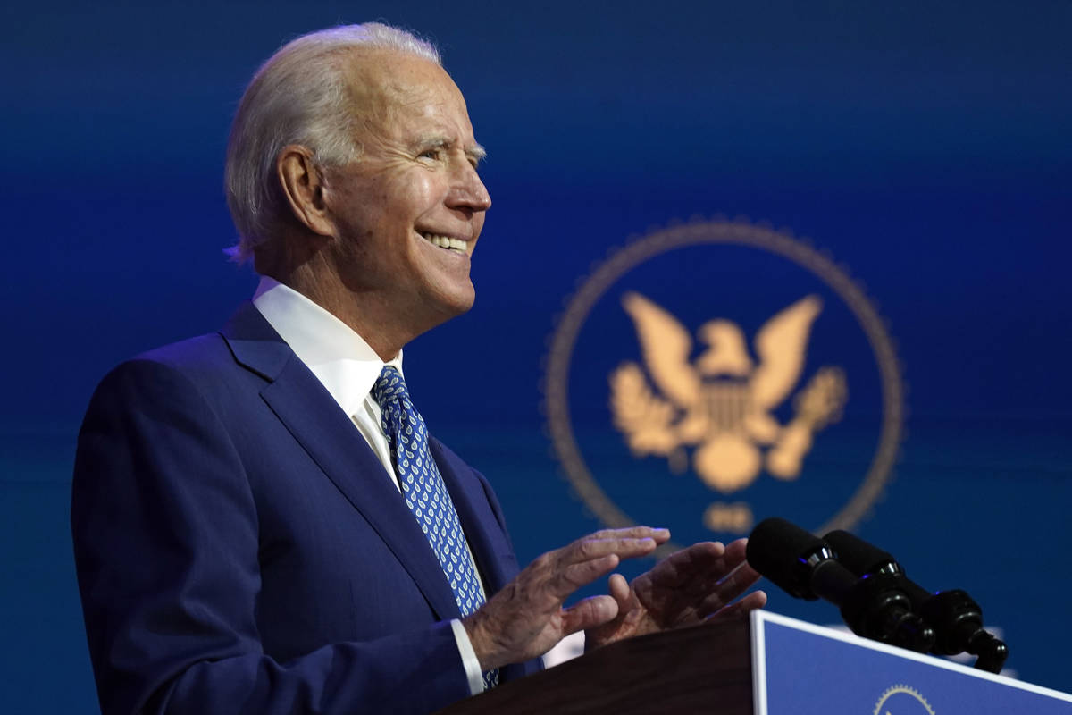 President-elect Joe Biden speaks Monday, Nov. 9, 2020, at The Queen theater in Wilmington, Del. ...