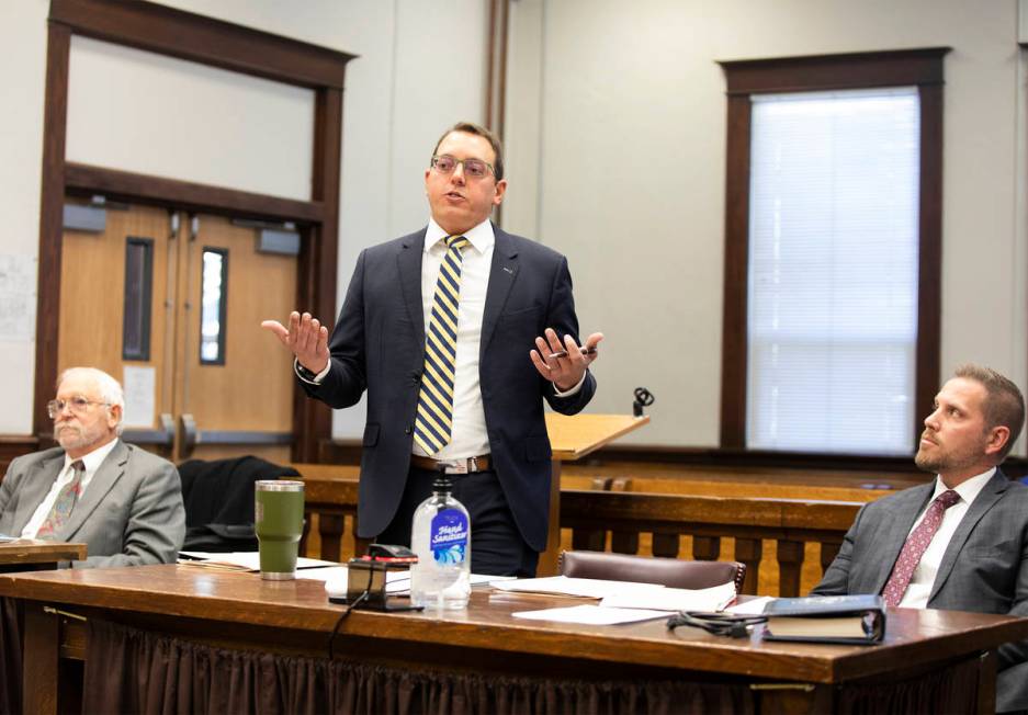 James Beecher, a deputy district attorney for White Pine County, questions a witness during a p ...