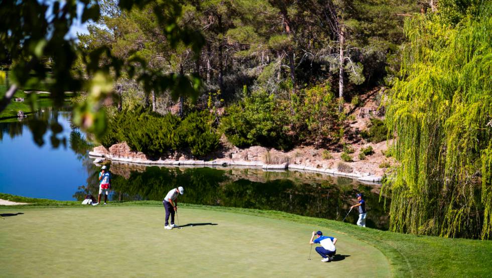 Lanto Griffin, lower left, putts on the fourth green during the third round of the CJ Cup golf ...