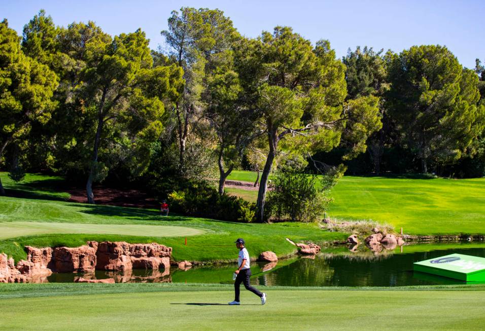 Xander Schauffele walks to the 18th green during the second round of the CJ Cup at the Shadow C ...