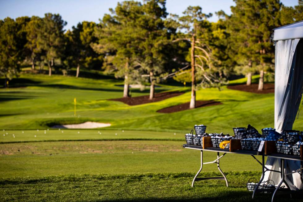 Golf balls are seen at the driving range ahead of the CJ Cup at the Shadow Creek Golf Course in ...