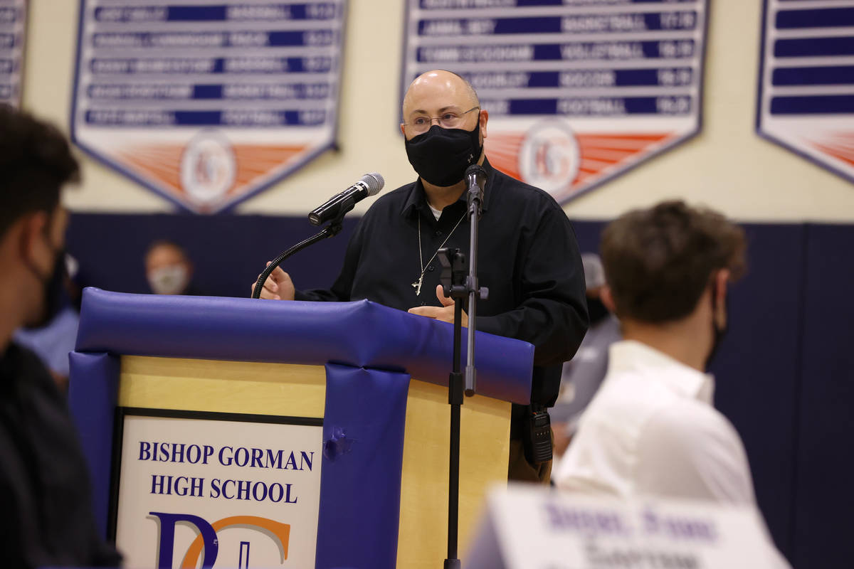 Principal Kevin Kiefer speaks during a Signing Day ceremony at Bishop Gorman High School in Las ...