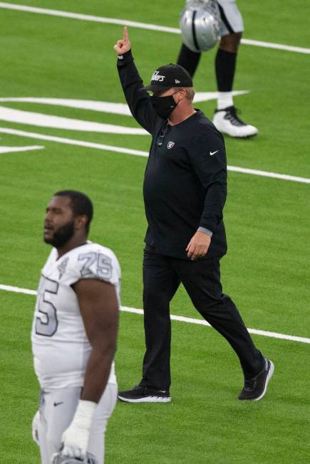 Las Vegas Raiders head coach Jon Gruden reacts after the team sealed a 31-26 win over the Los A ...