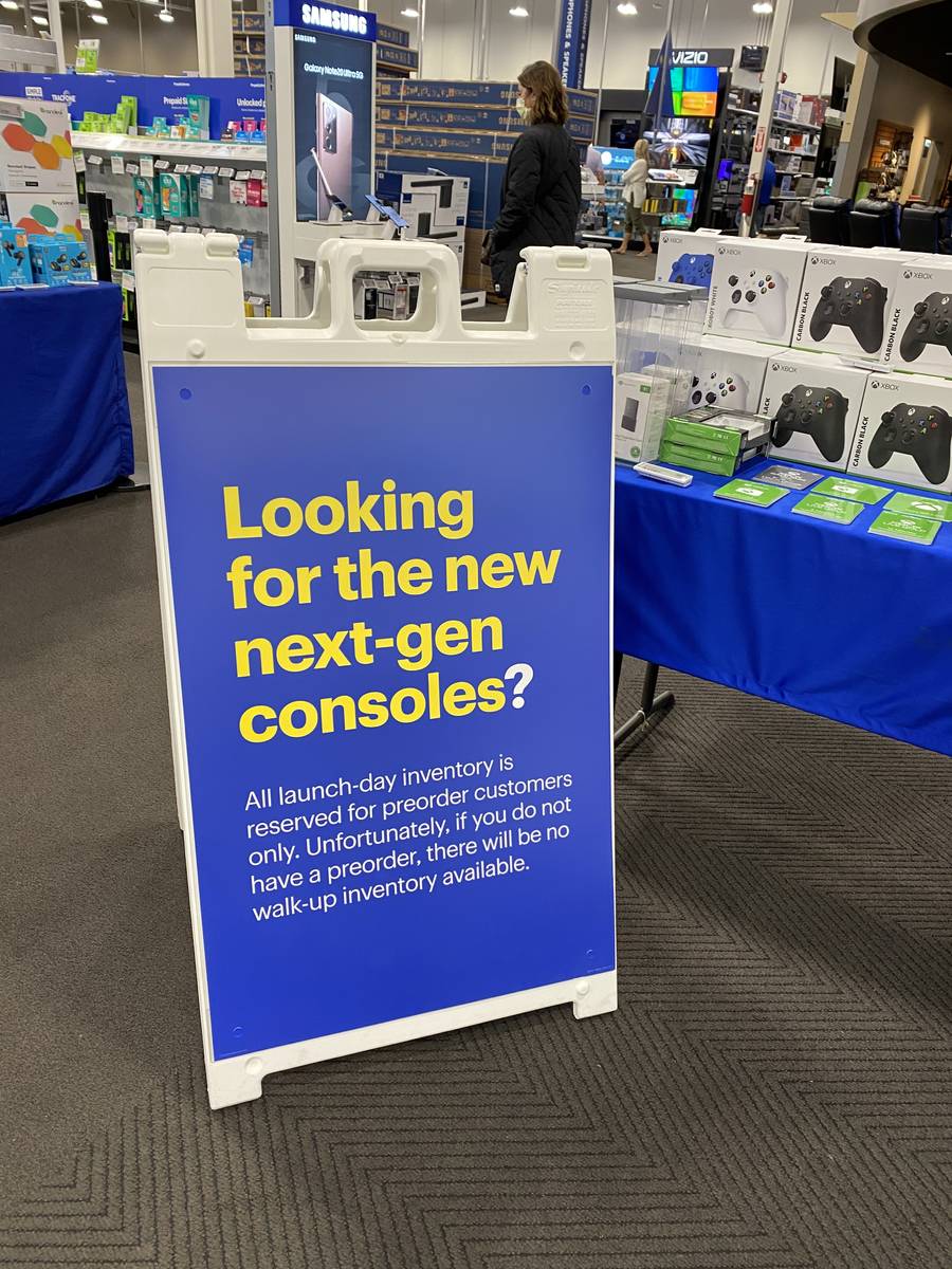 A sign at a local Best Buy alerts customers n Tuesday that next generation Xbox and PS5 console ...