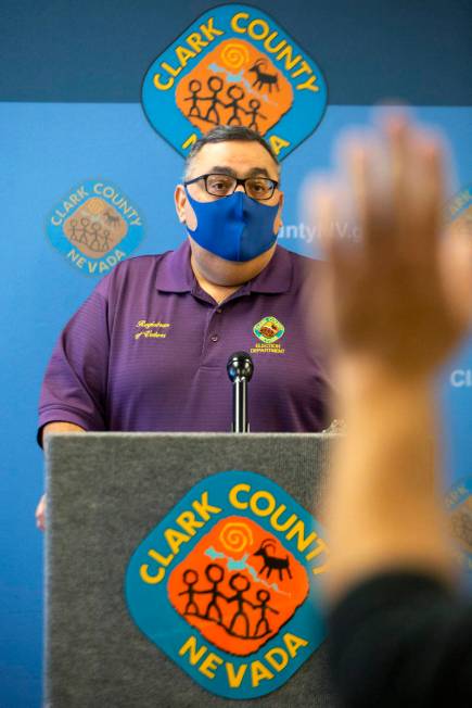 County Registrar of Voters Joe Gloria gives a press briefing at Clark County Election Center on ...