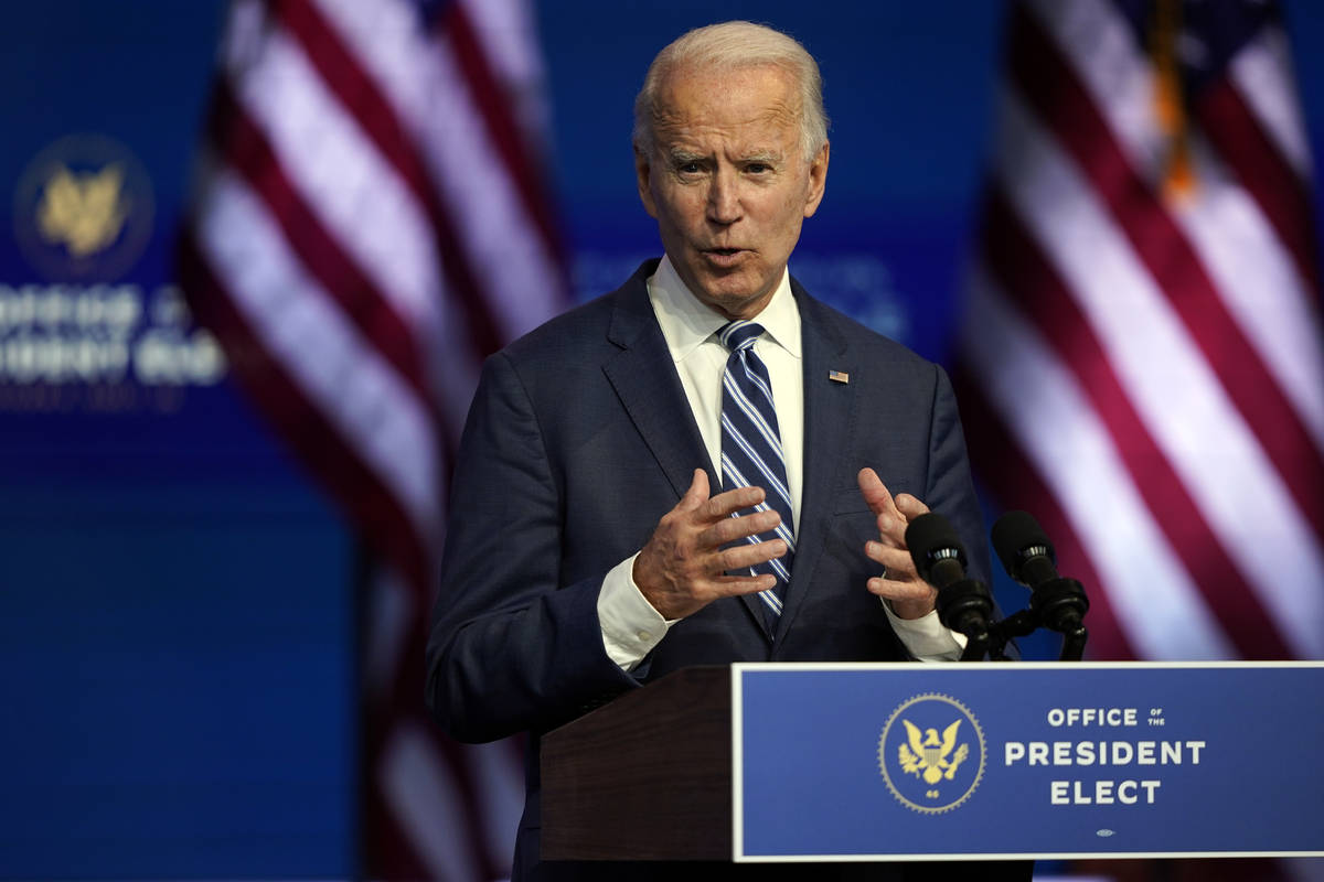 President-elect Joe Biden speaks Tuesday, Nov. 10, 2020, at The Queen theater in Wilmington, De ...