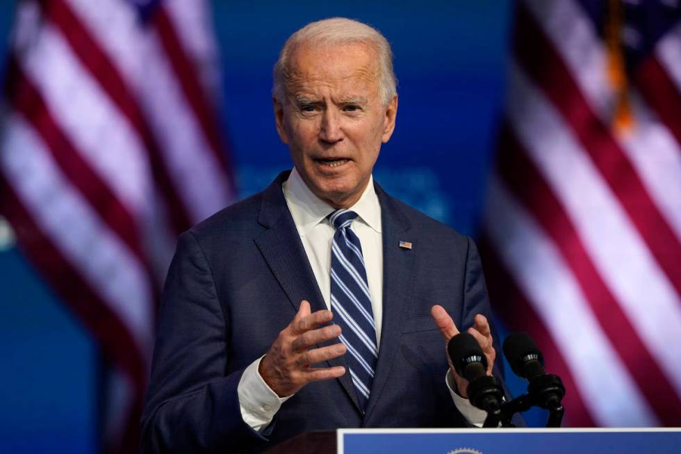 President-elect Joe Biden speaks Tuesday, Nov. 10, 2020, at The Queen theater in Wilmington, De ...