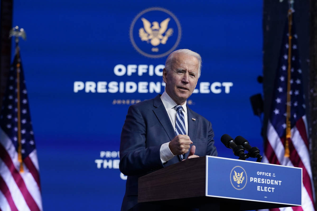 President-elect Joe Biden speaks at The Queen theater, Tuesday, Nov. 10, 2020, in Wilmington, D ...