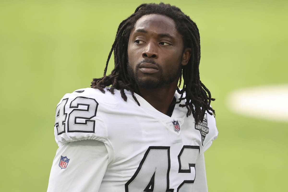 Las Vegas Raiders inside linebacker Cory Littleton (42) portrait during an NFL football game ag ...