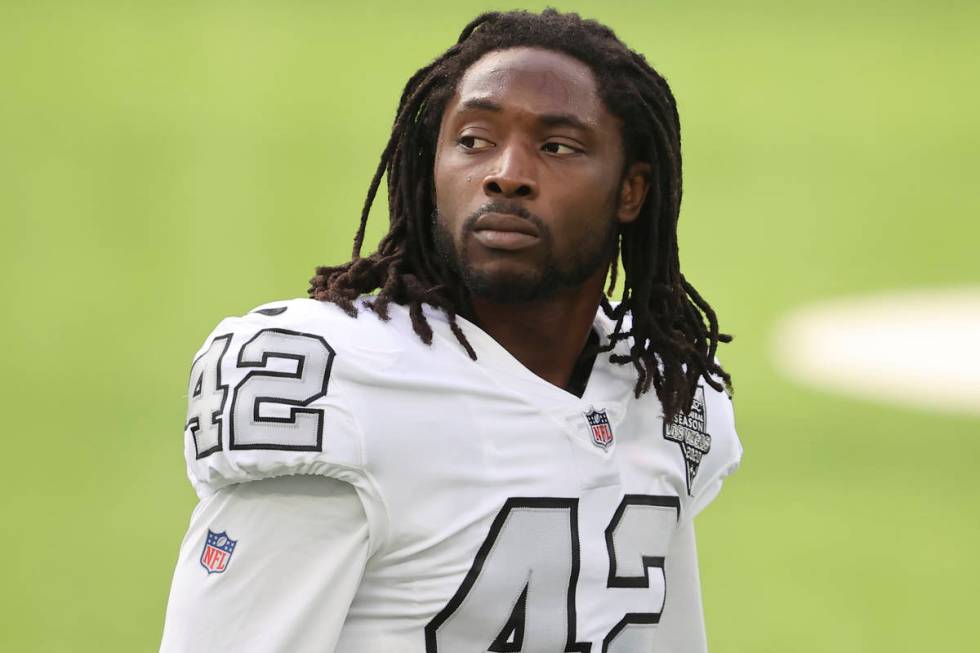 Las Vegas Raiders inside linebacker Cory Littleton (42) portrait during an NFL football game ag ...