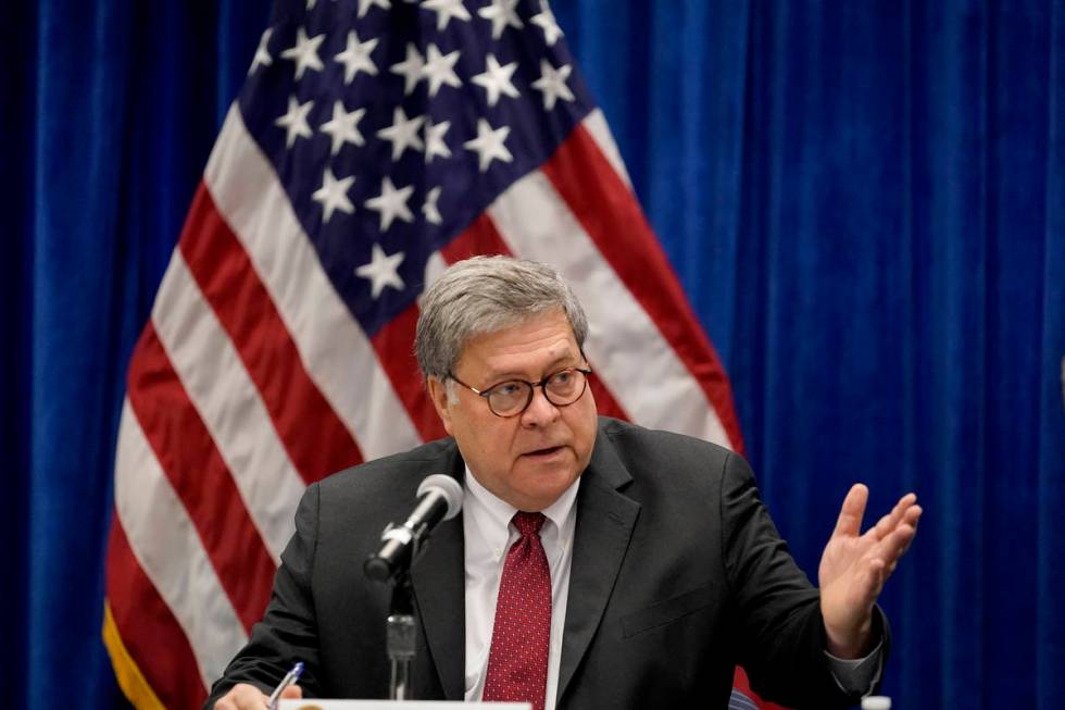 FILE - In this Oct. 15, 2020, file photo U.S. Attorney General William Barr speaks during a rou ...