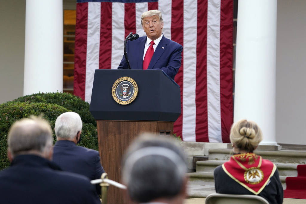 President Donald Trump speaks in the Rose Garden of the White House, Friday, Nov. 13, 2020, in ...