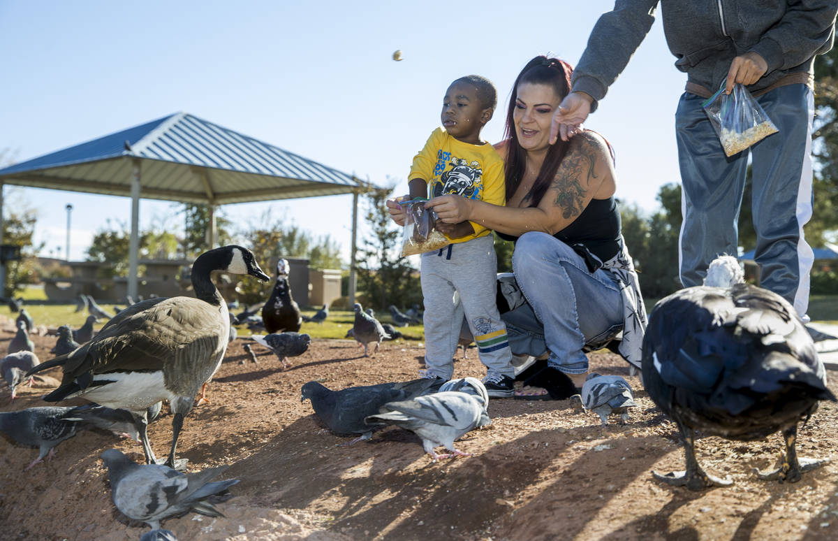 Amber Turner, center, holds Josiah Johnson, 2, as they sprinkle some bread crumbs to the birds ...