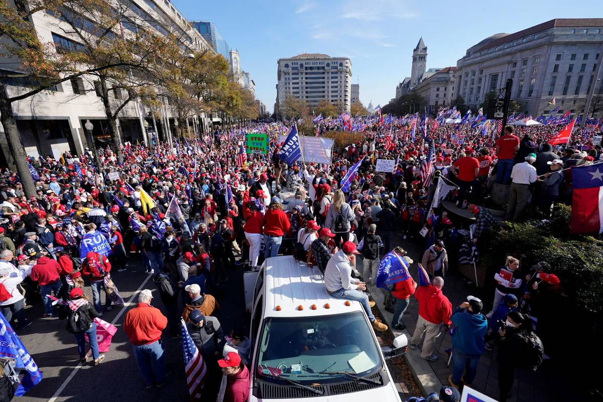 Supporters of President Donald Trump rally at Freedom Plaza on Saturday, Nov. 14, 2020, in Wash ...