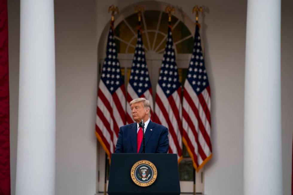 President Donald Trump speaks in the Rose Garden of the White House, Friday, Nov. 13, 2020, in ...