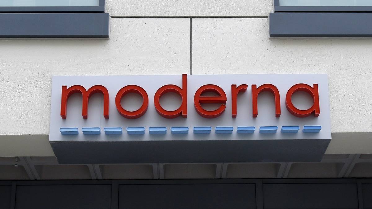 In this Monday, May 18, 2020, file photo, a sign marks an entrance to a Moderna, Inc., building ...