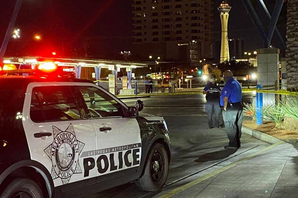 Police investigate a stabbing at the Bonneville Transit Center in downtown Las Vegas on Thursda ...