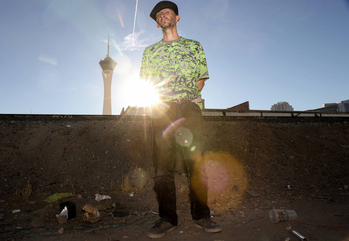 Homeless veteran Michael Jason Michael along the train tracks near Oakey Boulevard and Highland ...