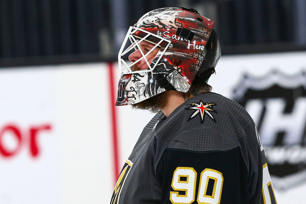 Golden Knights goaltender Robin Lehner (90) before the start of the second period of an NHL hoc ...