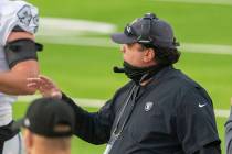 Las Vegas Raiders defensive coordinator Paul Guenther gestures during the first quarter of an N ...
