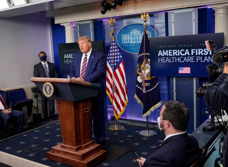 President Donald Trump speaks during an event in the briefing room of the White House in Washin ...