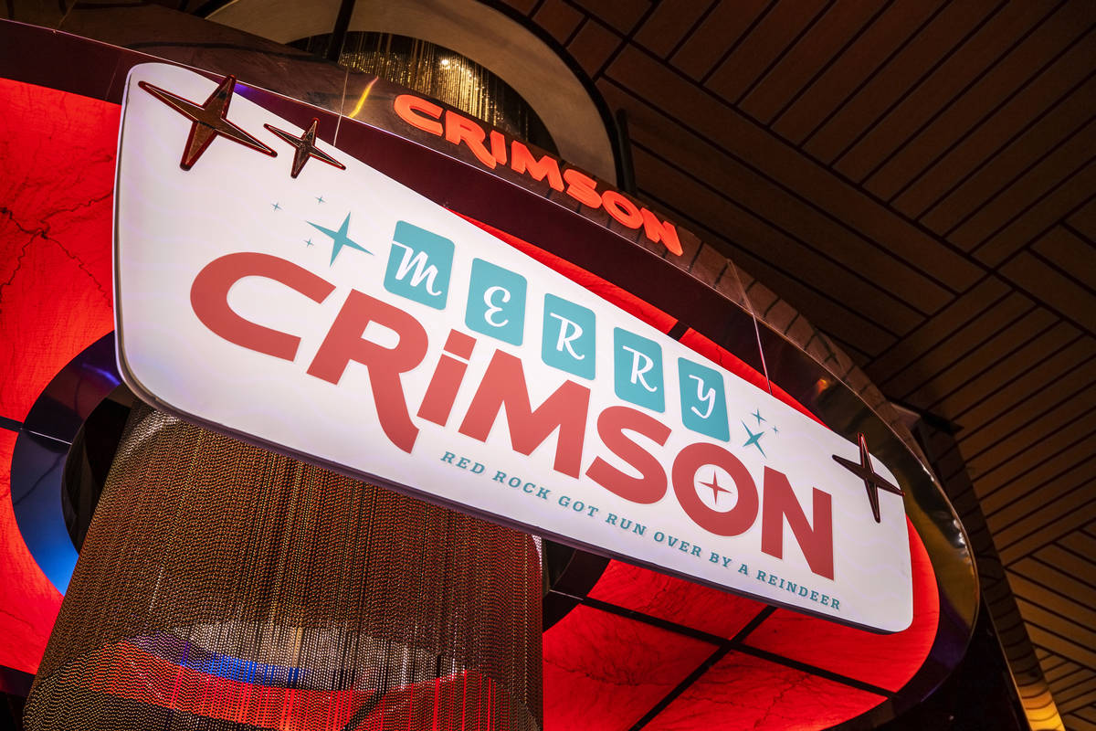Signage for Red Rock Resort's Christmas-themed popup bar Merry Crimson on Monday, Nov. 23, 2020 ...