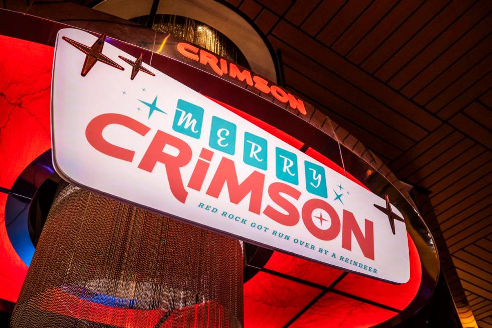 Signage for Red Rock Resort's Christmas-themed popup bar Merry Crimson on Monday, Nov. 23, 2020 ...