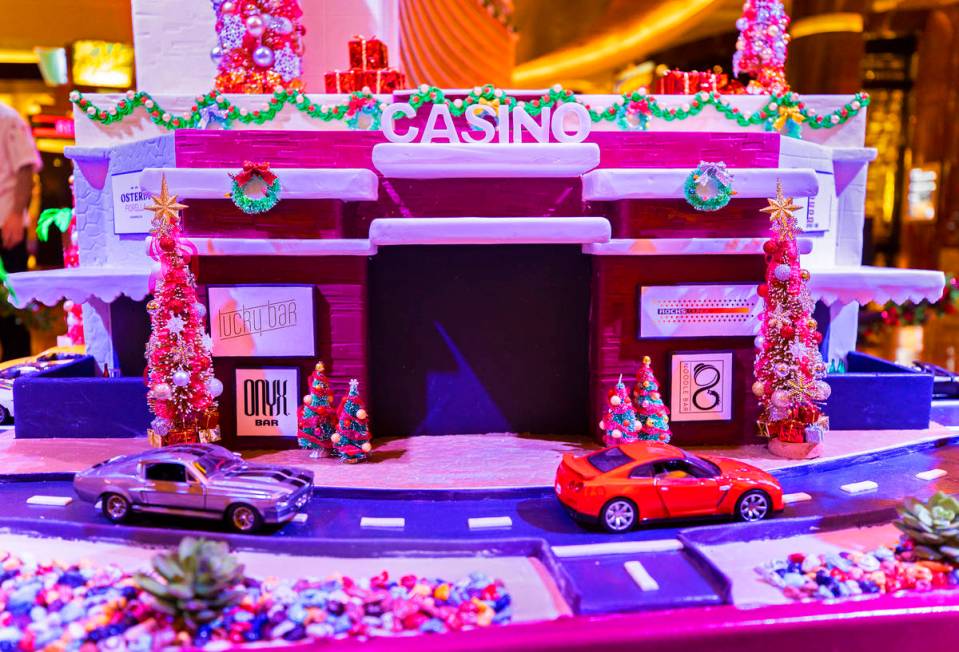 The front entrance of a scale model of Red Rock Resort made of gingerbread on Monday, Nov. 23, ...