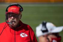 Kansas City Chiefs head coach Andy Reid, left, walks the sideline in the second quarter during ...